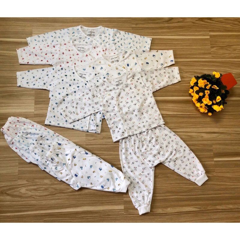 Bộ Quần Áo Dài Sơ Sinh Leelee Kid Cúc Lệch, Vải Cotton Trắng Họa Tiết