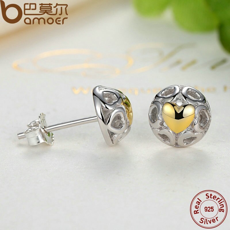 Khuyên Tai Dạng Nụ Bamoer PAS443 Thiết Kế Trái Tim Ghép Rỗng Bằng Bạc Thật 925 Cao Cấp Cho Nữ
