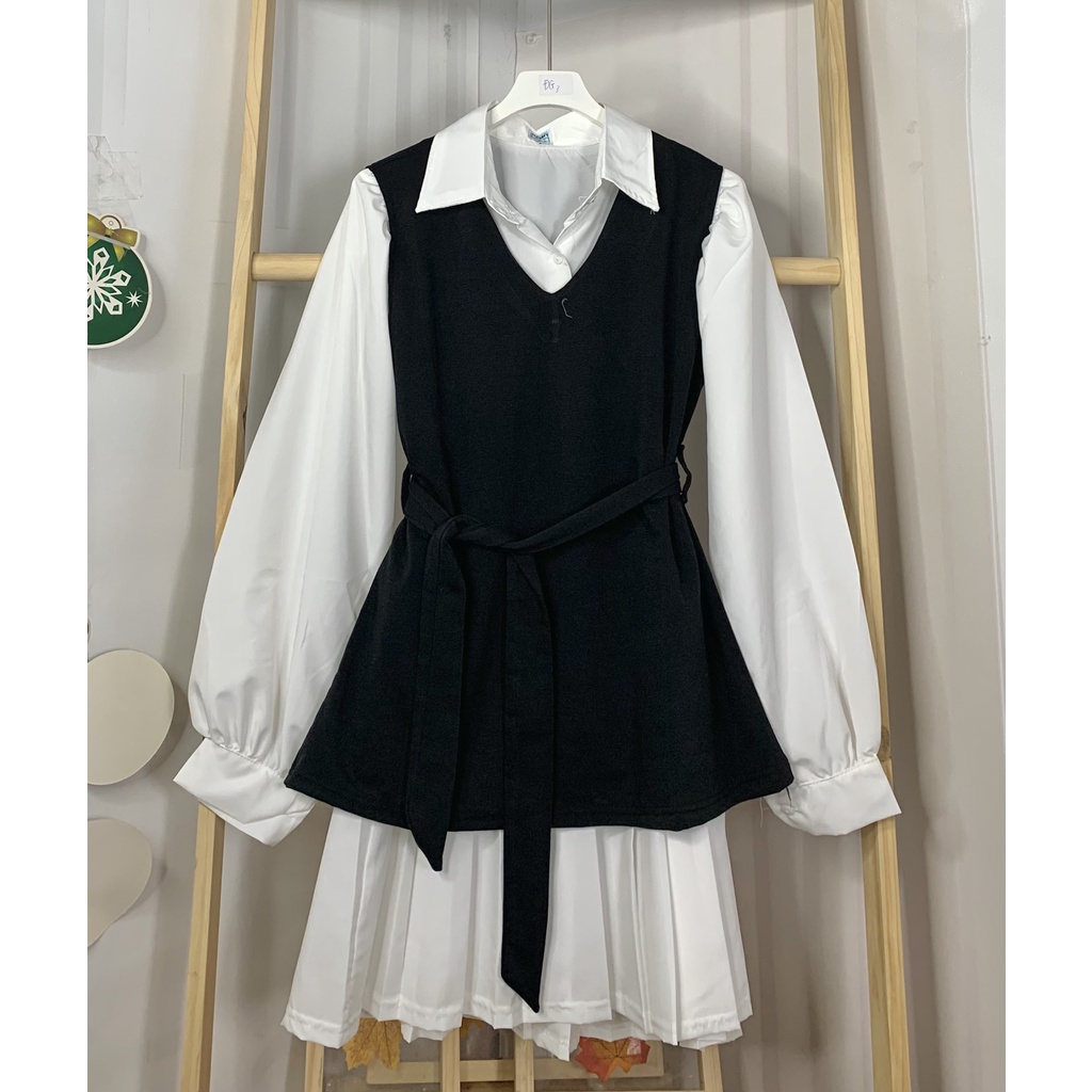 Set váy đầm nữ trắng dài tay phối gile đen cổ sơ mi đuôi xếp ly kèm đai freesize phom rộng học sinh diện tết hàn quốc | BigBuy360 - bigbuy360.vn