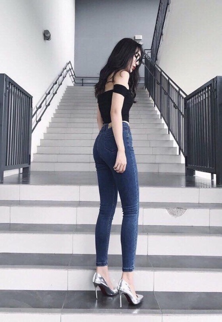 Quần jean dài xanh đậm truyền thống lưng cao, co dãn mạnh dành cho bigsize co dãn mạnh 1830