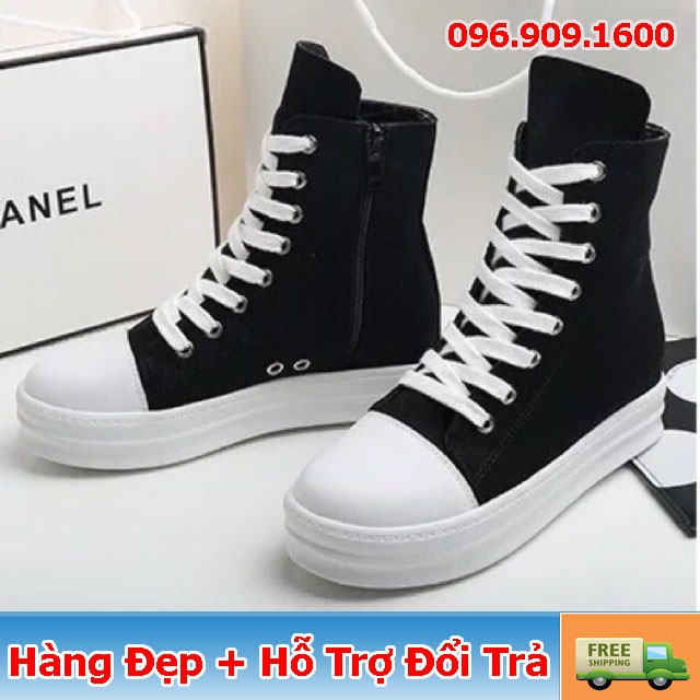 Giày Thể Thao Sneaker Rick Owen Đen Cổ Cao , Khóa Bạc