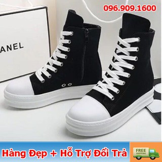 Giày Thể Thao Sneaker Rick Owen Đen Cổ Cao , Khóa Bạc