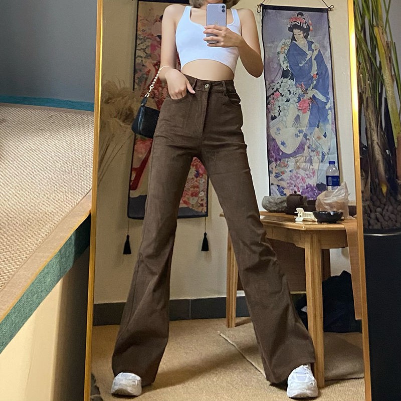 Quần jean lưng cao ống rộng phong cách retro 2021 cho nữ