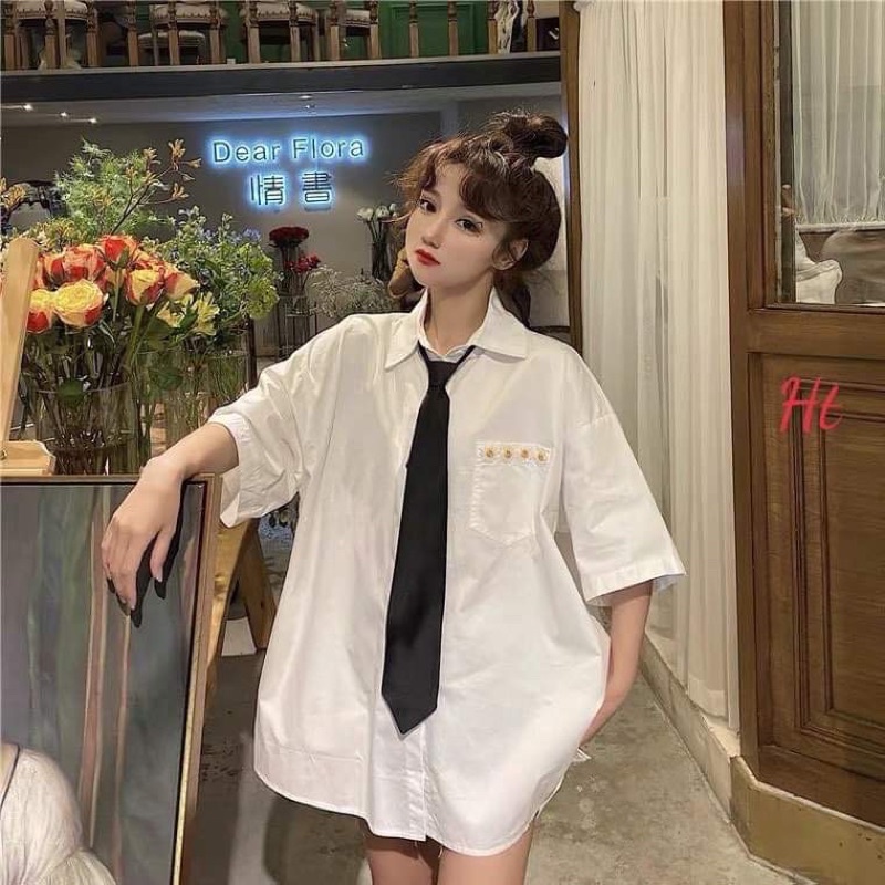 Áo sơ mi hoa cúc viền túi tay lỡ H2N544