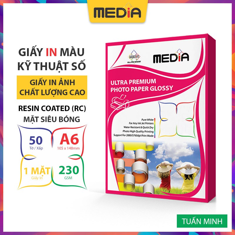 Giấy In Ảnh Cao Cấp Media Resin Coated (RC) 1 Mặt Siêu Bóng A6 230gsm 50 Tờ, Dùng Cho Tất Cả Máy In Phun Màu