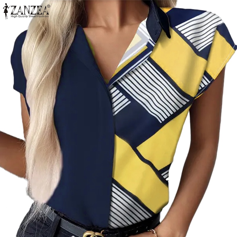 Zanzea Áo Sơ Mi Cổ Bẻ Ngắn Tay In Họa Tiết Hình Học Thời Trang Cho Nữ