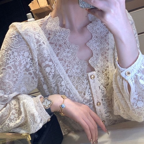 Áo sơ mi nữ dài tay Áo sơ mi ren Áo sơ mi cổ V viền cổ cách điệu tay bồng mặc công sở, đi chơi đều xinh 2021