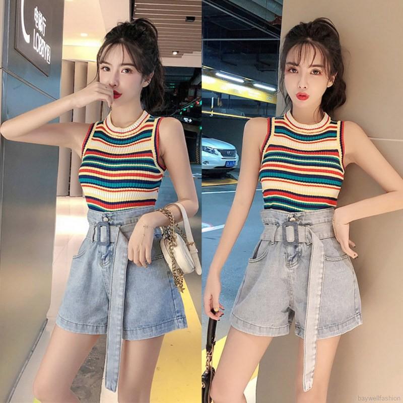 [Baywellfashion]Áo sát nách cổ tròn màu sắc cầu vồng tương phản cho nữ