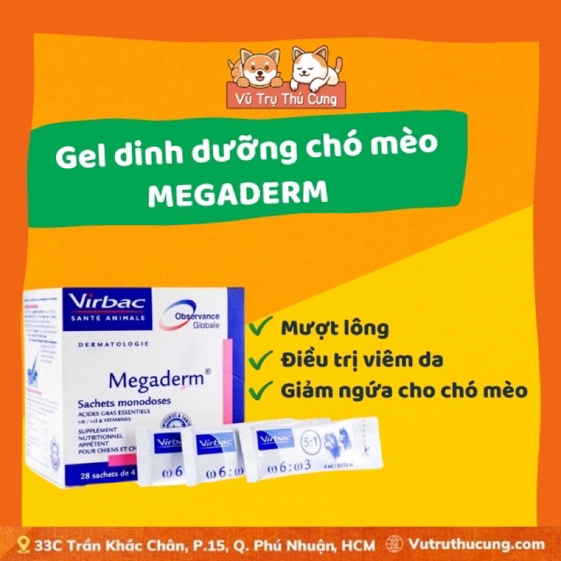 (Hộp 28 gói) Gel dinh dưỡng cho chó mèo, mượt lông và da cho thú cưng MEGADERM VIRBAC