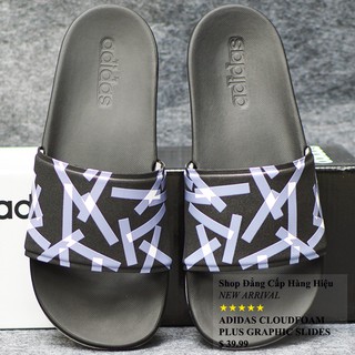 Dép Adidas Cloudfoam Plus Graphic màu đen đế xám quai đen