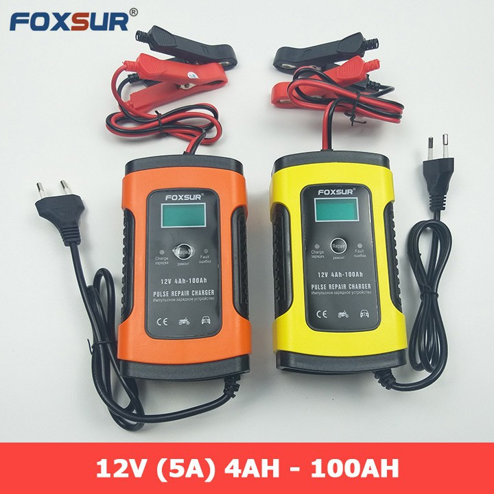 Sạc Bình Ắc Quy, Máy Ắc Quy 12V 4AH - 100Ah FOXSUR Cho Ô tô, Xe Máy, Tự Ngắt Khi Đầy, Phục Hồi Ắc Quy Bằng Khử Sunfat