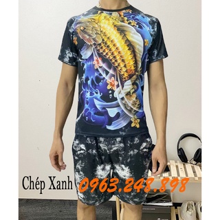 Bộ quần áo thun Chép Xanh mặc nhà, thời trang nam xuất khẩu quần đùi áo cổ tròn cộc tay chất lượng - Shop Thun Hè
