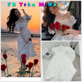 Đầm midi trắng bẹt vai nhún bèo nhíu ngực