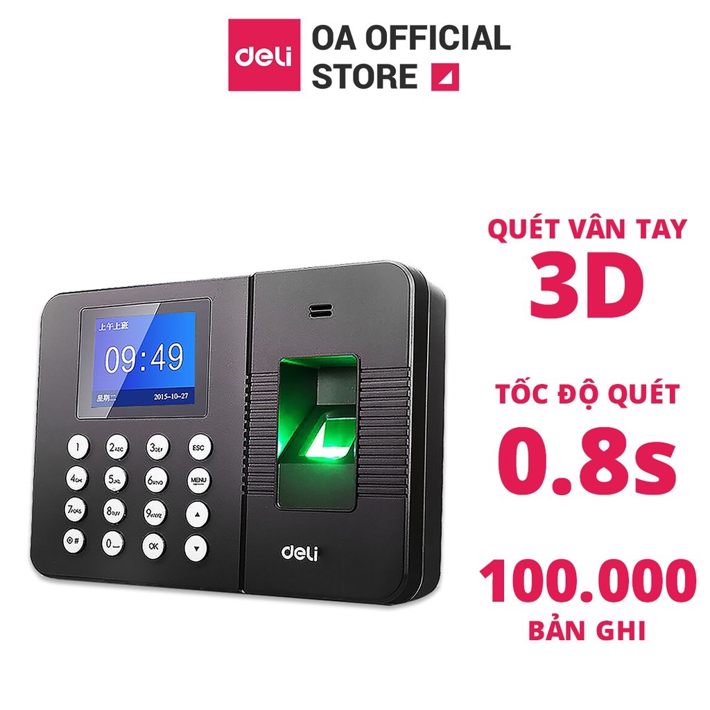 Máy Chấm Công Quét Vân Tay Deli Chính Hãng - Màn Hình 2.4 Inch, Cổng Kết Nối USB - Nhiều Ngôn Ngữ - E3960 .