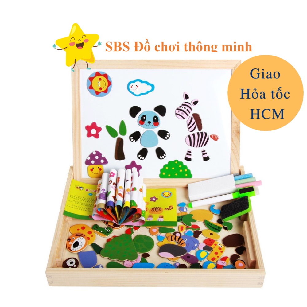 Hộp đồ chơi gỗ tranh ghép nam châm nhiều hình ảnh con người con vật xe cộ cây cối cho bé lắp ghép xếp hình