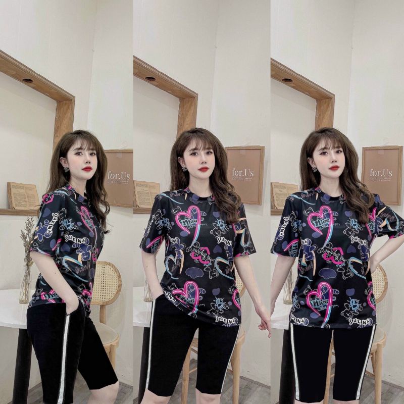 HÀNG CAO CẤP- Sét bộ thun lửng quần ngố áo form rộng in họa tiết trái tim siêu xinh