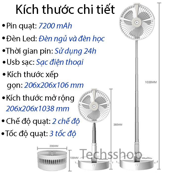 Quạt Phun Sương Mini Gấp Gọn Để Bàn Pin Sạc 7200mAh Có Đèn Ngủ - Quạt Xếp Gọn Tùy Chỉnh Độ Cao H9