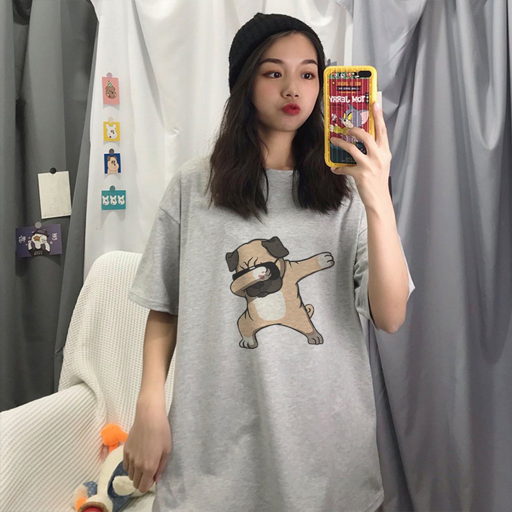 Áo Thun Tay Lỡ In Nhiệt Chó Pug phong cách Ulzzang. Unisex - Đại Siêu Thị Thời Trang