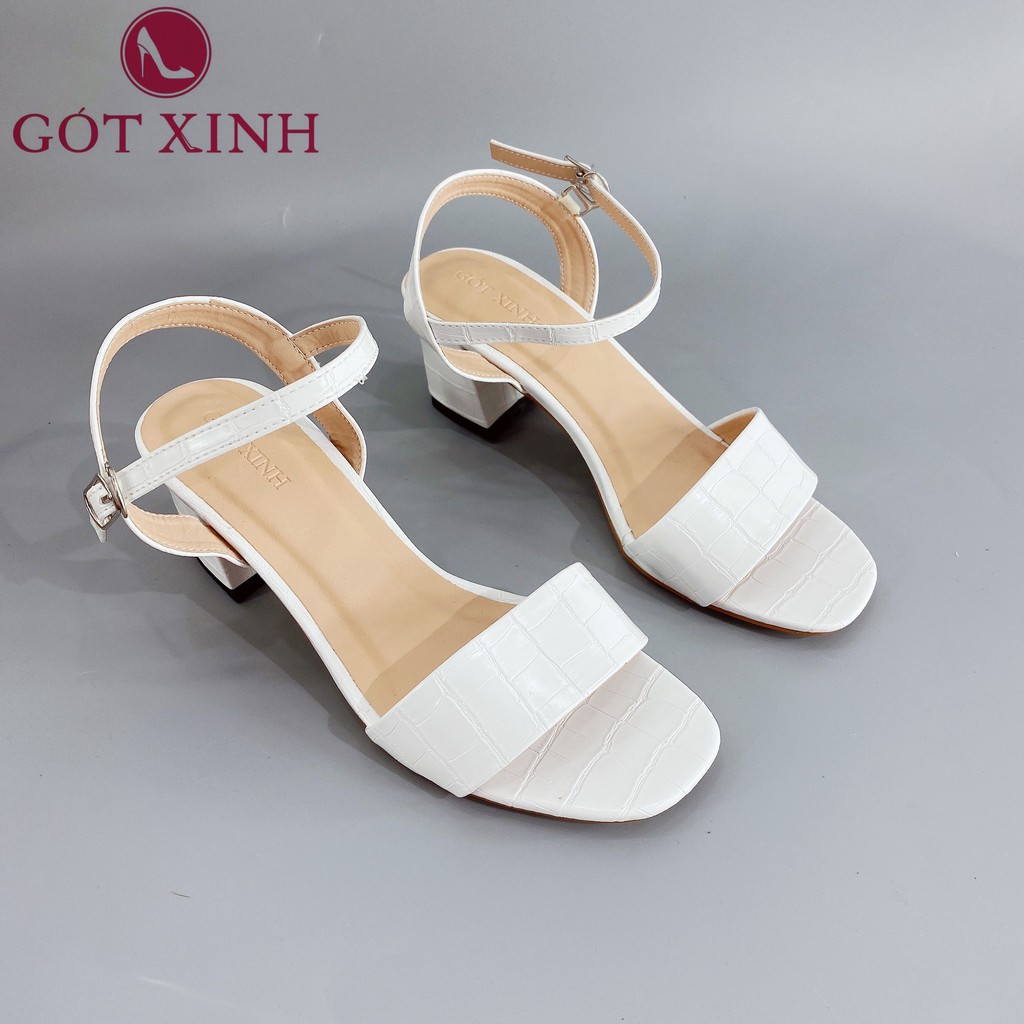 Sandal cao gót nữ GÓT XINH GD22 màu trắng quai ngang dập vân da rắn đế cao 5cm gót trụ vuông