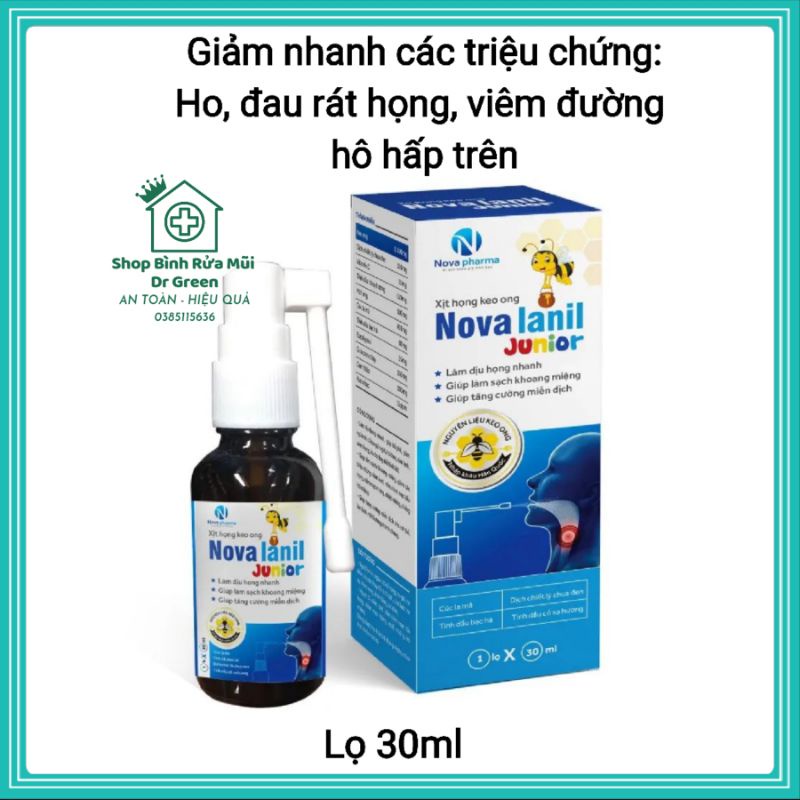 Xịt Họng Keo Ong Nova Lanil Junior giảm ho, ngứa rát họng nhanh hiệu quả an toàn lọ 30ml