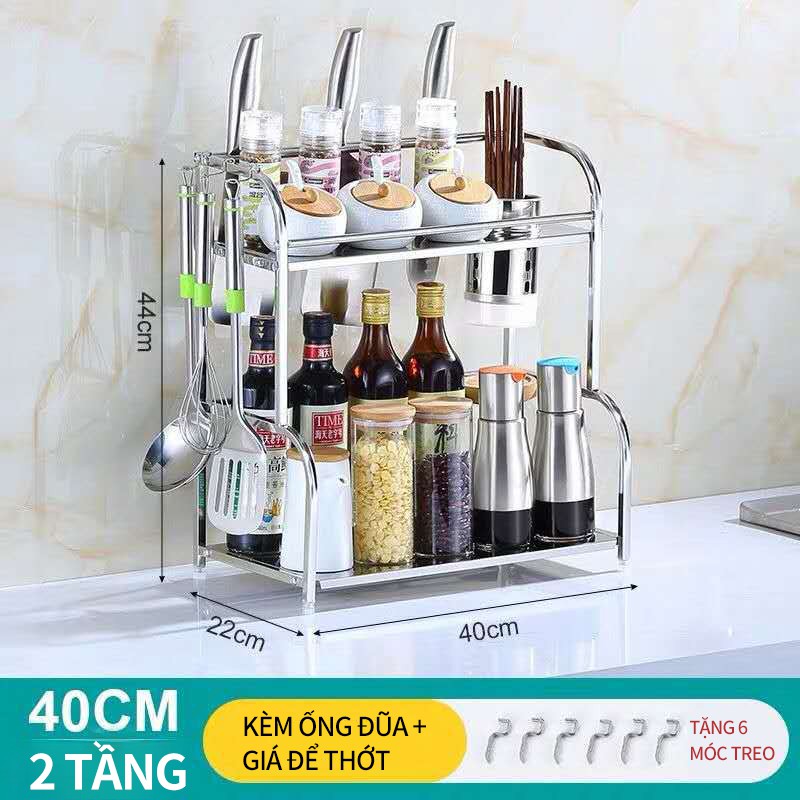 Kệ xếp đồ dùng nhà bếp nhiều tầng bằng inox dày dặn; Giá đựng đồ gia vị, thớt, dao kéo