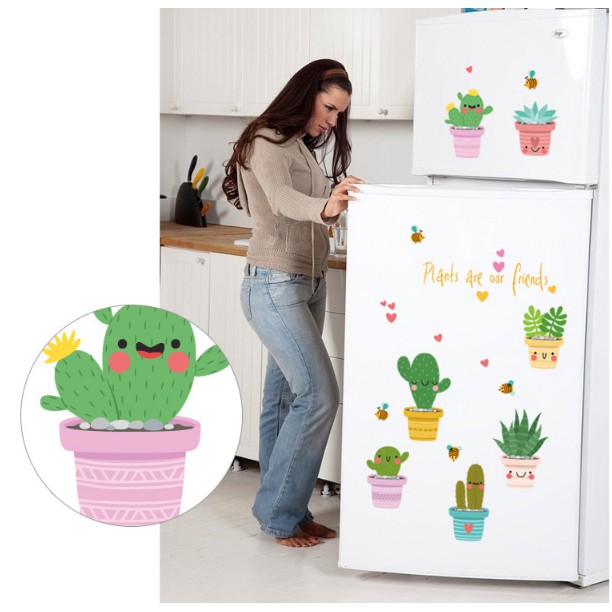Decal trang trí nhiều chậu XƯƠNG RỒNG HOẠT HÌNH đáng yêu