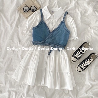 Váy trắng Babydoll kèm áo Croptop Denim, Đầm Babydoll Hàn Quốc - Dorita Boutique
