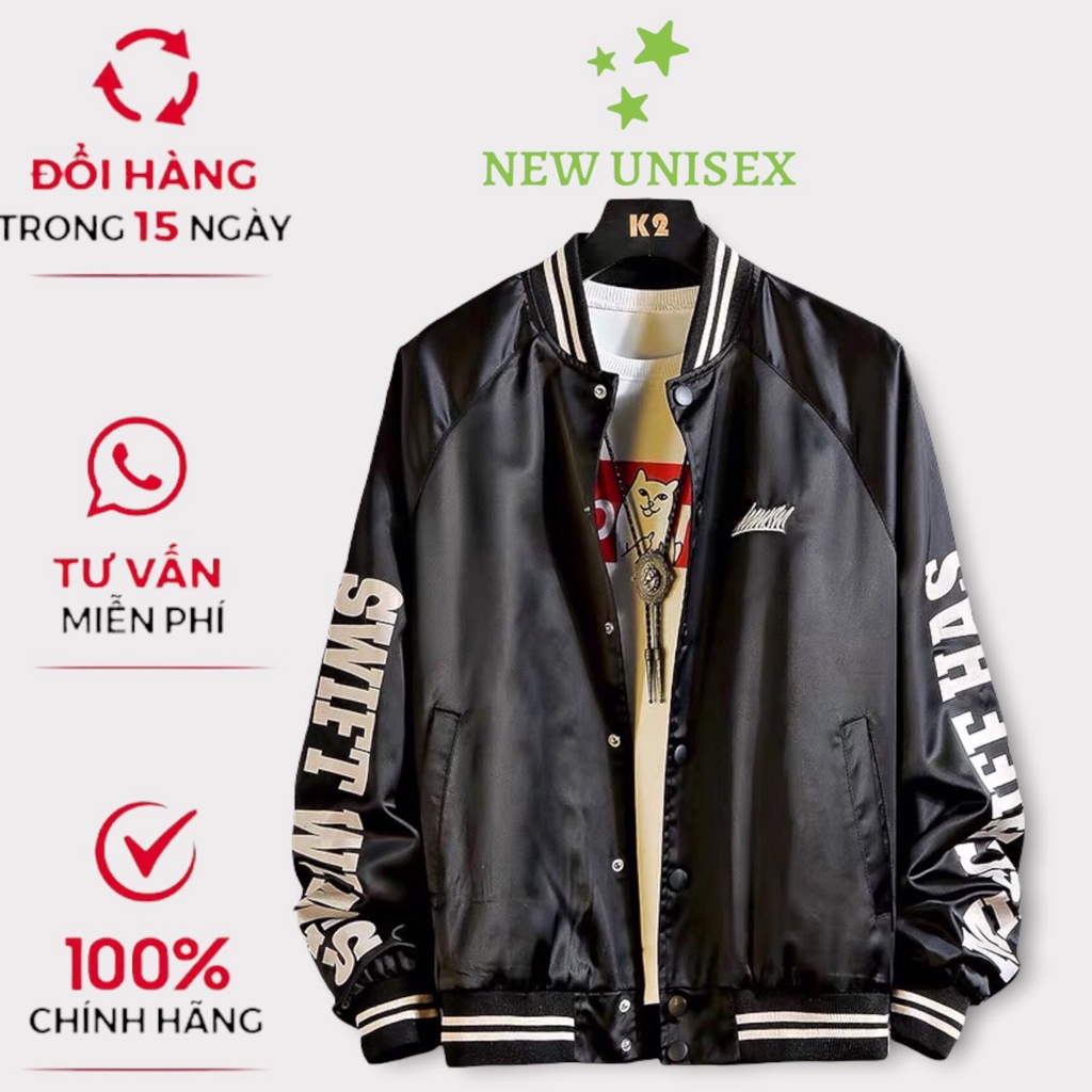 Áo khoác bomber nam nữ vải dù 2 lớp form rộng in họa tiết đẹp phối chữ trắng ở tay siêu hot trend