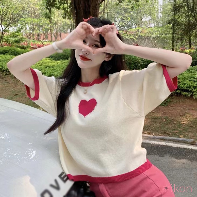 Áo Thun Crop Top Tay Ngắn Dáng Rộng In Hình Trái Tim Kiểu Hàn Quốc
