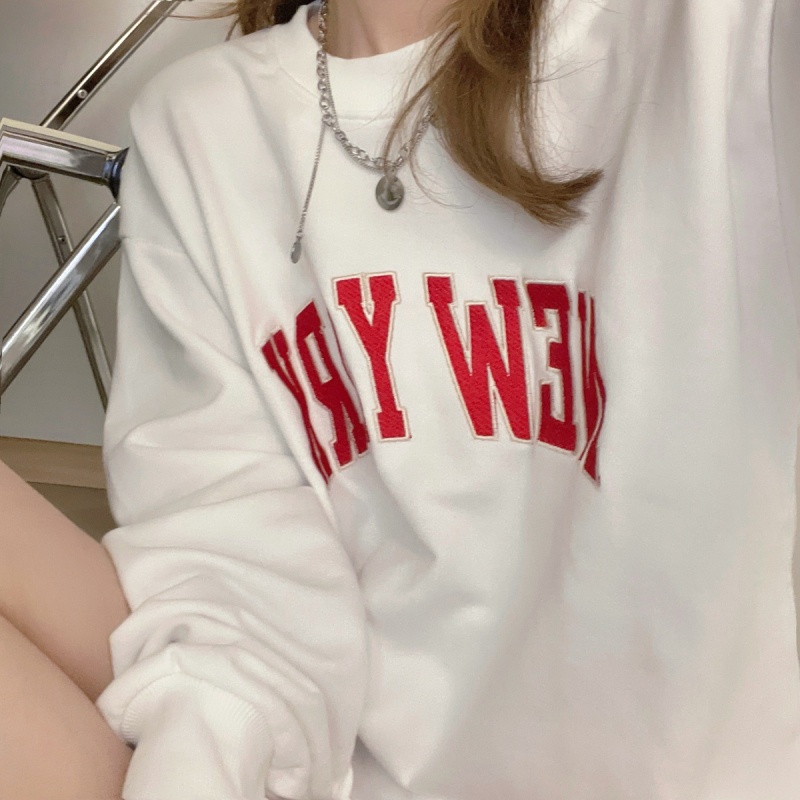 SUXI Áo sweater cổ tròn thêu chữ phong cách mùa thu mới cho nữ