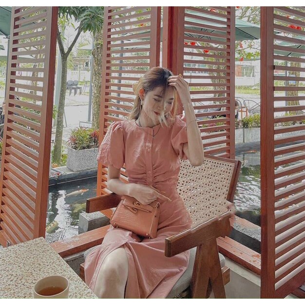 Đầm nữ tiểu thư vintge, đầm sơ mi hồng tay búp rúm ngực xẻ tà siêu xinh, váy tay phồng dáng dài đi tiệc sang chảnh