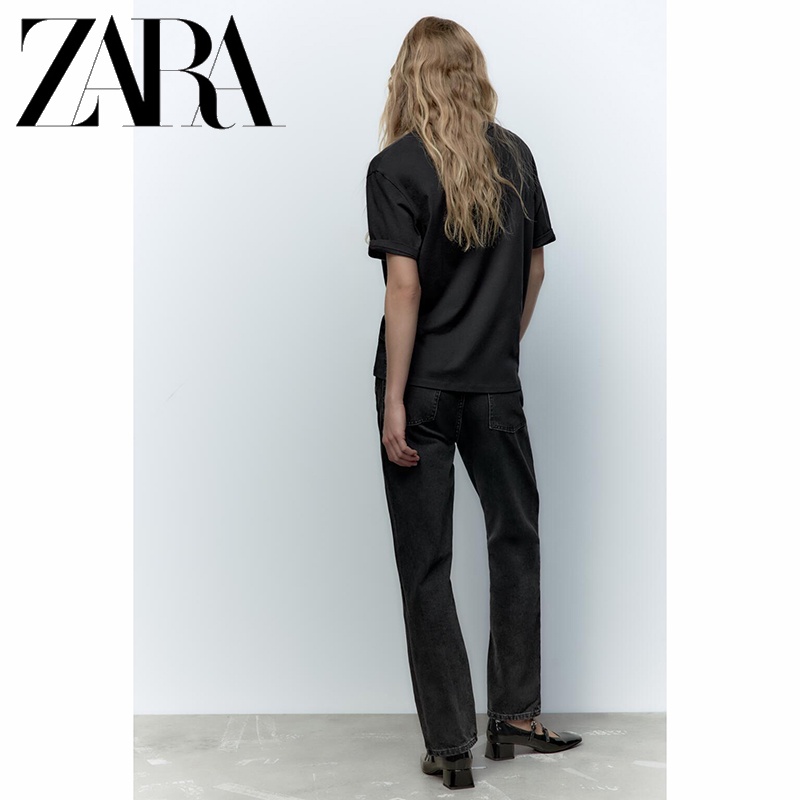 Zara Áo Thun Tay Ngắn Cổ Tròn Thêu Hình Thời Trang Thu Đông Cho Nữ