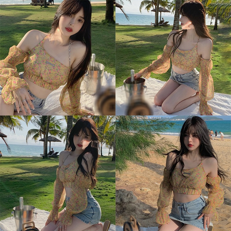 Áo Croptop Tay Dài Trễ Vai Siêu Ngắn In Họa Tiết Hoa Phong Cách Hàn Quốc Thời Trang Dành Cho Nữ
