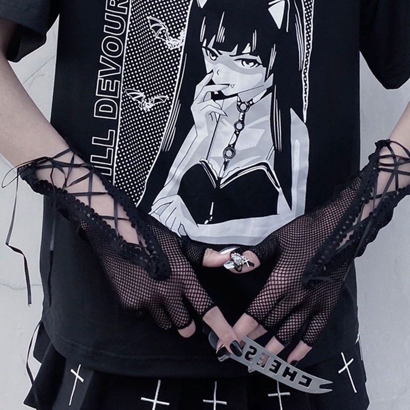 Găng Tay Lưới Co Giãn Gợi Cảm Với Dây Thừng Màu Đen Phong Cách Punk Hip Hop Cho Nữ