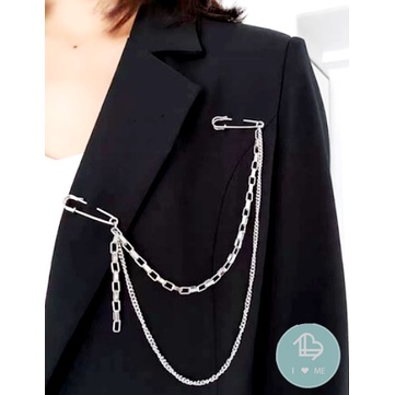 Ghim cài áo vest, Blazer, sơ mi cá tính - Gim cài áo titan mẫu 2 ghim phối dây xích dài