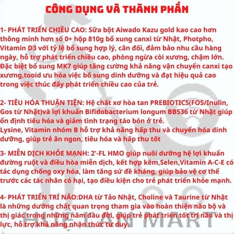 Sữa bột Aiwado Kazu gold kao cao hơn thông minh hơn số 0+ hộp 810g