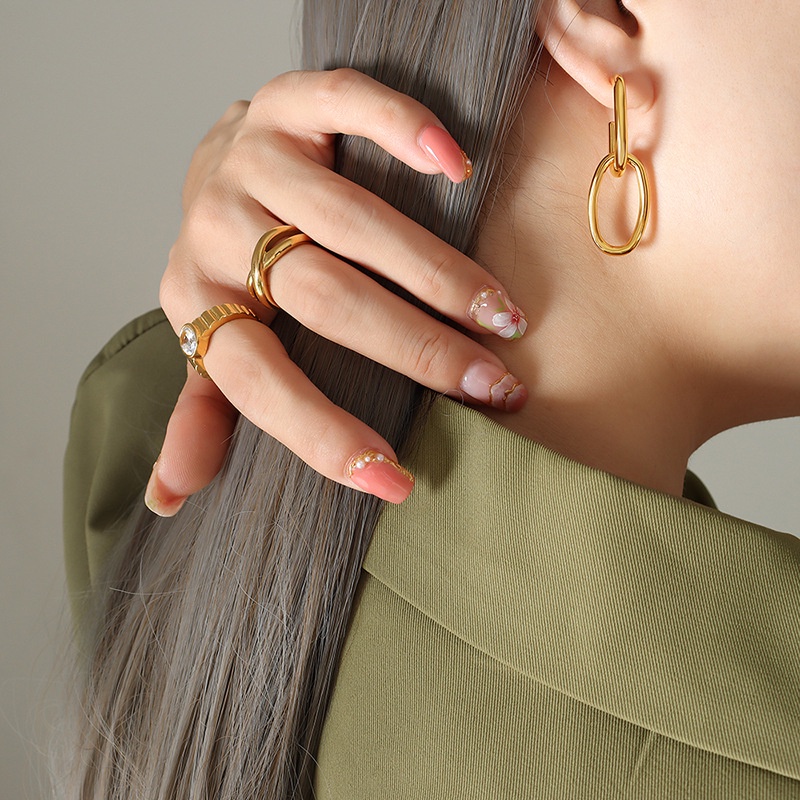 Bông tai titan hình học vintage kiểu bầu dục lồng nhau không gỉ WE2209