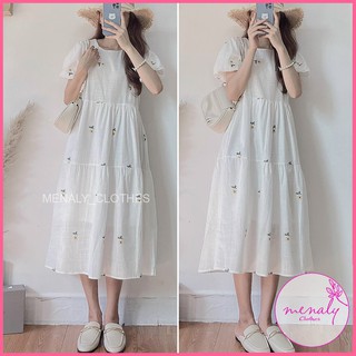 Đầm váy babydoll hoa nhí dáng dài tay bồng VH039, mẫu váy hoa cúc vintage qua gối bầu bí bon chen được