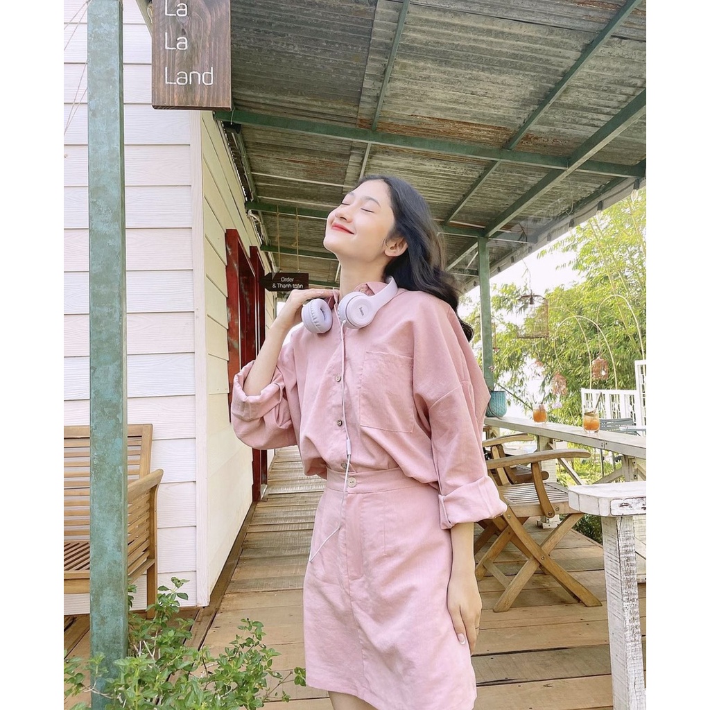 Hava set - Set áo sơ mi tay dài phối chân váy chữ A chất linen thun cực mát ba màu LOVI