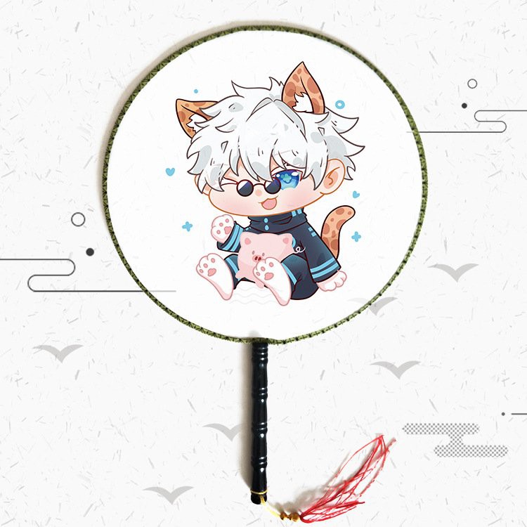 Quạt tròn cổ trang IN HÌNH JUJUTSU NO KAISEN CHÚ THUẬT HỒI CHIẾN cán gỗ đen cầm tay anime chibi độc đáo xinh xắn