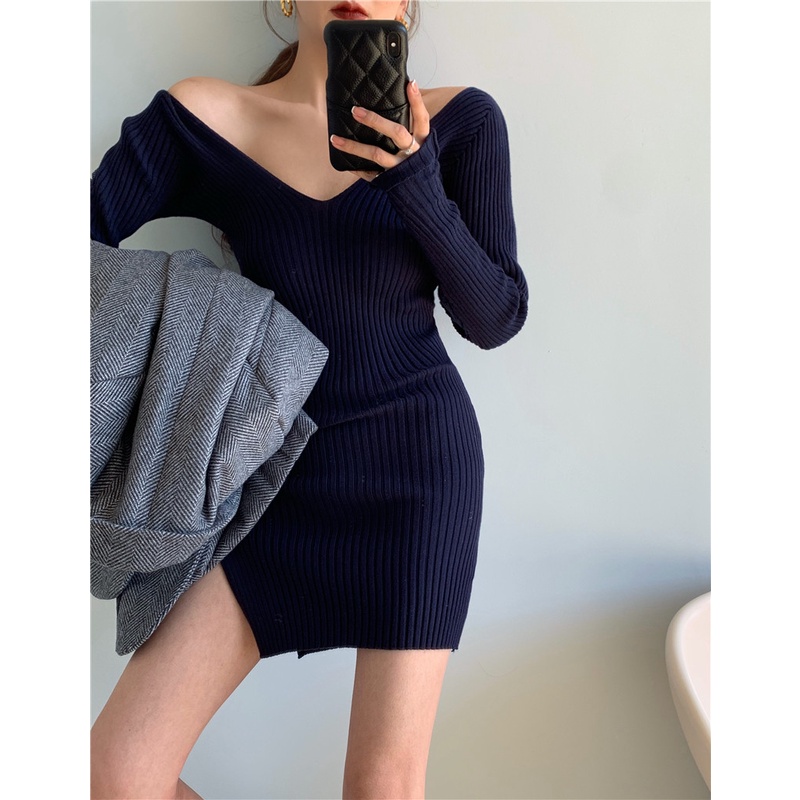 DUNEA Đầm Dệt Kim Tay Dài Cổ Chữ V Thời Trang Trẻ Trung Cho Nữ