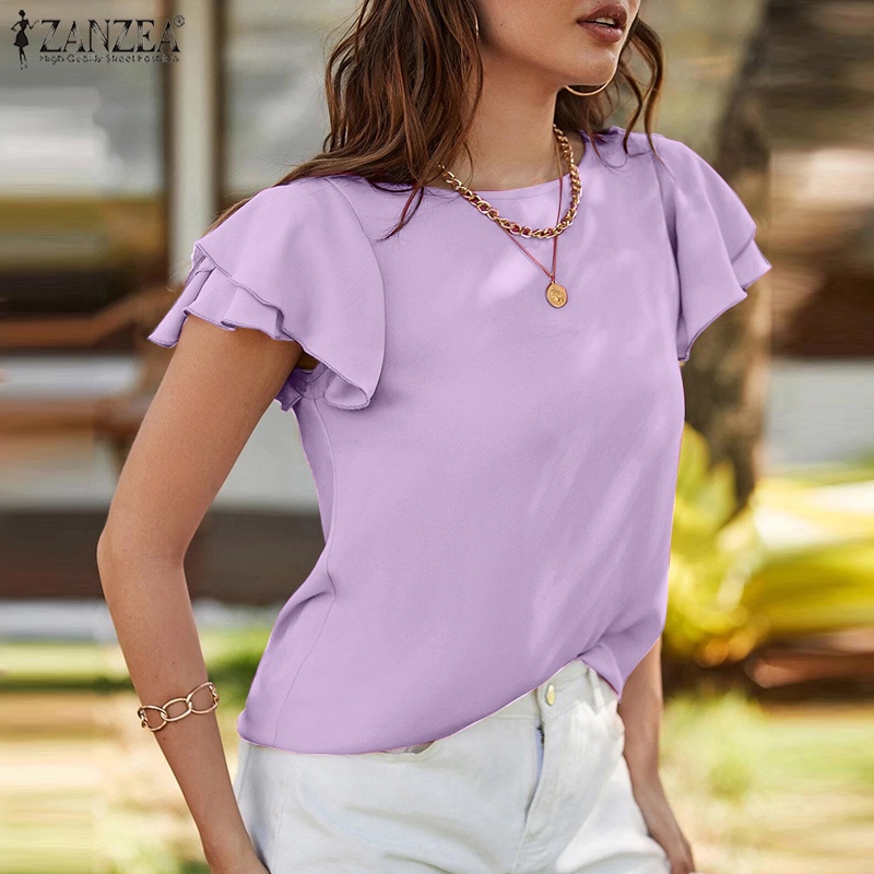 Áo kiểu Zanzea tay ngắn cổ lá sen màu trơn phong cách đường phố Châu Âu cho nữ