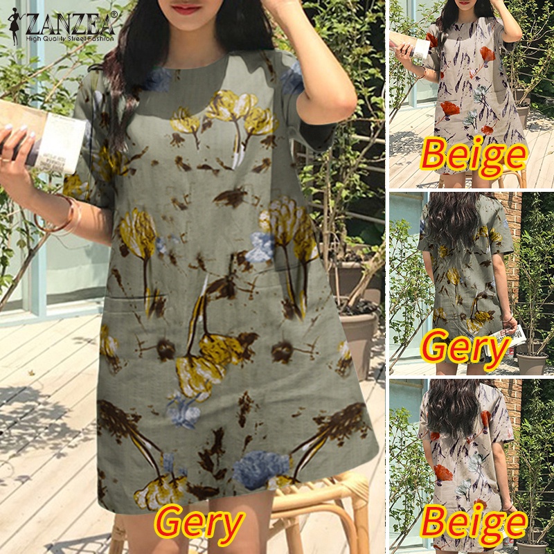 Đầm tay ngắn ZANZEA cổ tròn phong cách vintage dành cho nữ