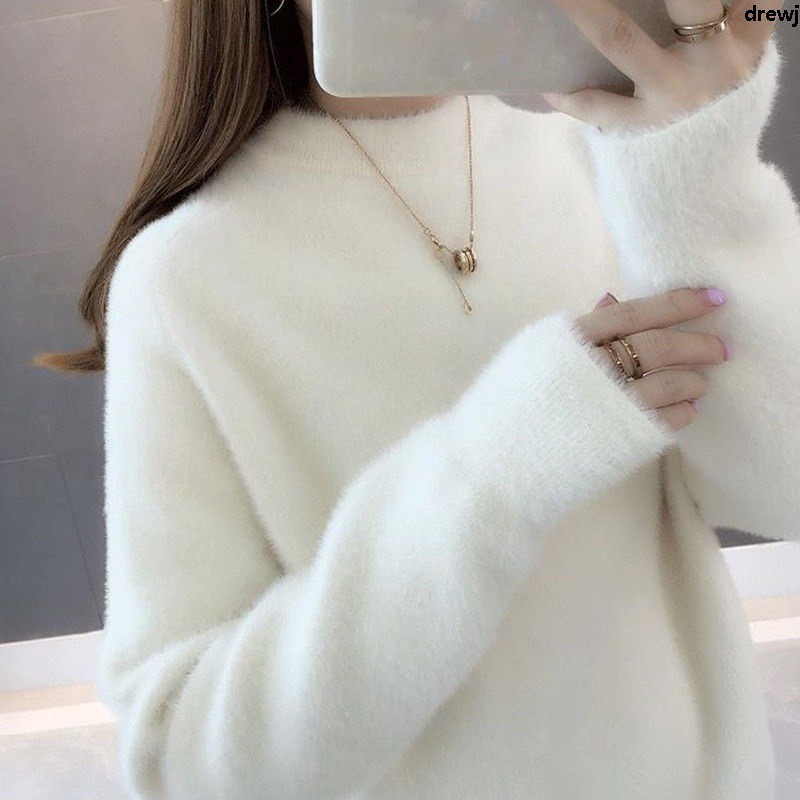 Áo Len Dệt Kim Lông Cừu Giả Cổ Lọ Ngắn Dáng Rộng Thời Trang Thu Đông Có Thể Tái Sử Dụng Cho Nữ