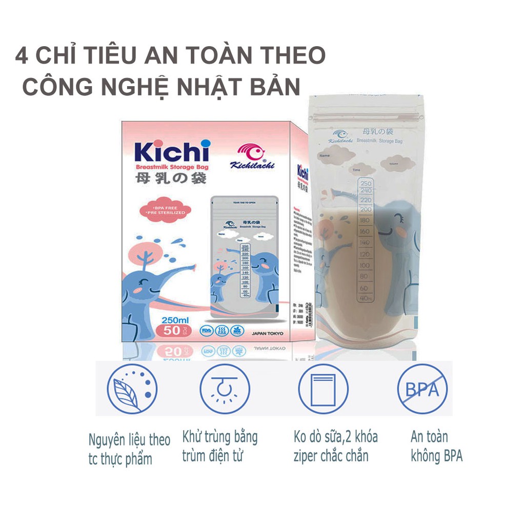 Túi trữ sữa Kichilachi 250ml, đựng sữa mẹ đông lạnh cho bé CBME