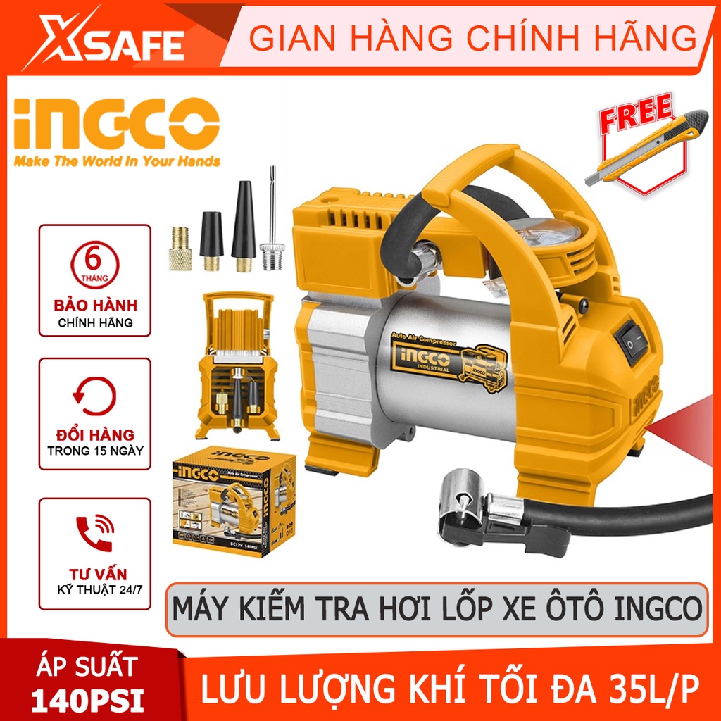 Máy kiểm tra hơi lốp xe INGCO AAC1408 Máy bơm hơi lốp xe Kèm đèn Led, dây nguồn 3m, 1 pin kẹp 4 vòi phun - Chính hãng