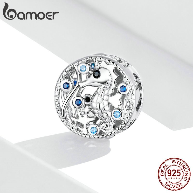 Hạt phụ kiện BAMOER BSC266 bằng bạc 925 đính đá hình cá ngựa dùng làm vòng tay DIY chất lượng cao