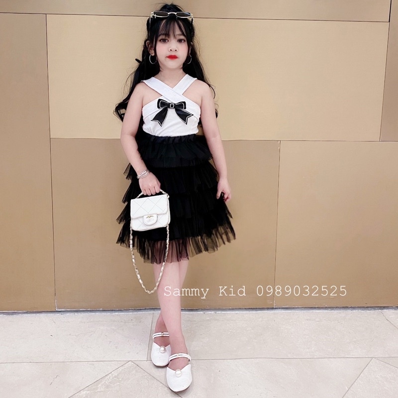 Set áo yếm cổ Nơ đá Chân váy xoè tầng cho bé size đại 16-40kg sang chảnh Nữ tính