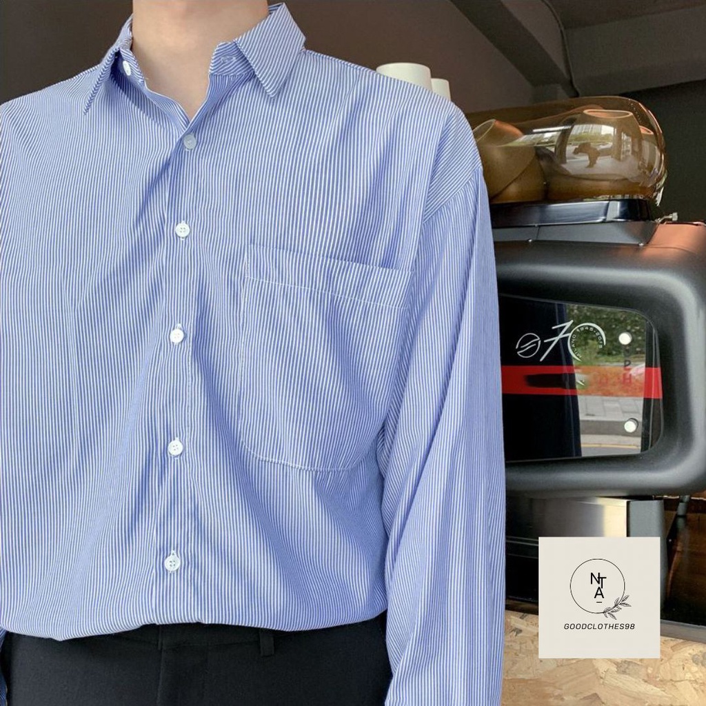 Áo sơ mi kẻ sọc xanh phong cách Hàn Quốc