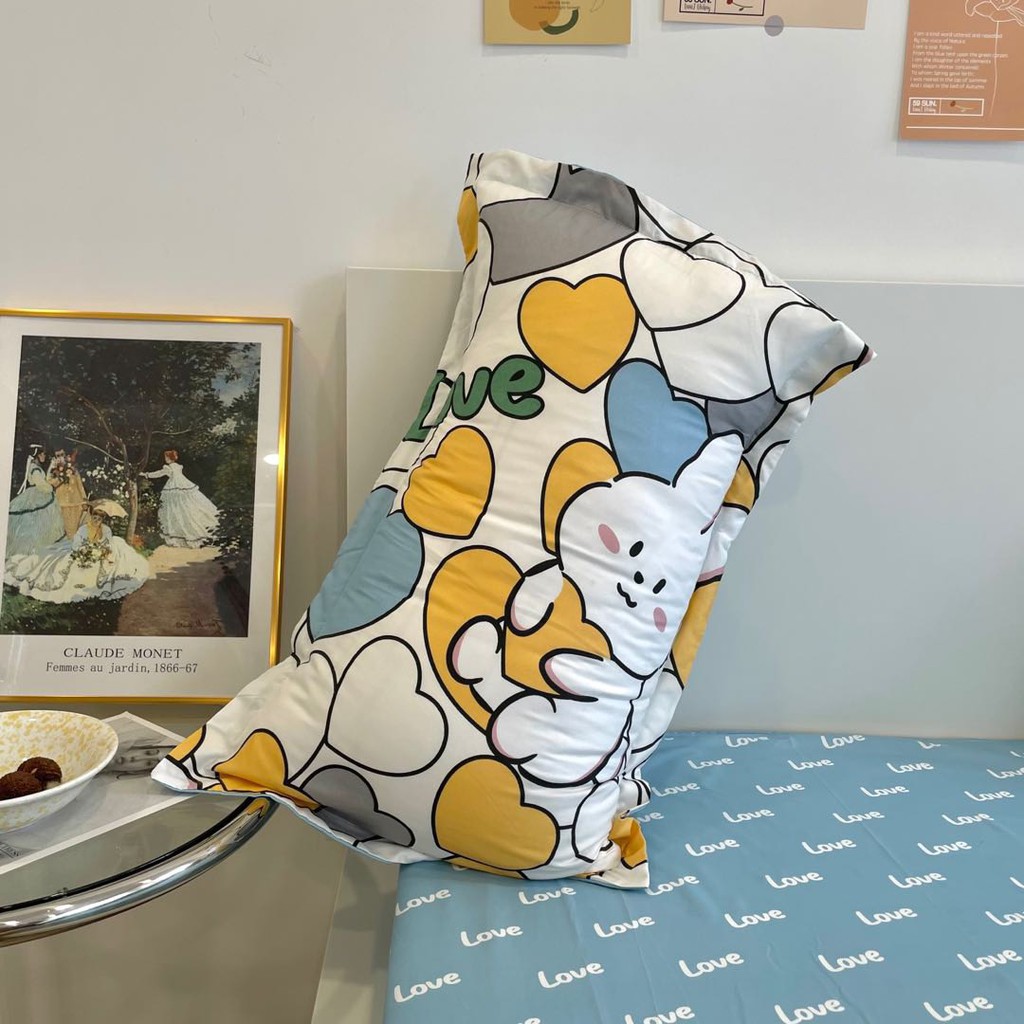Bộ chăn ga gối phong cách Hàn Quốc - Mèo trái tim ( không kèm ruột )